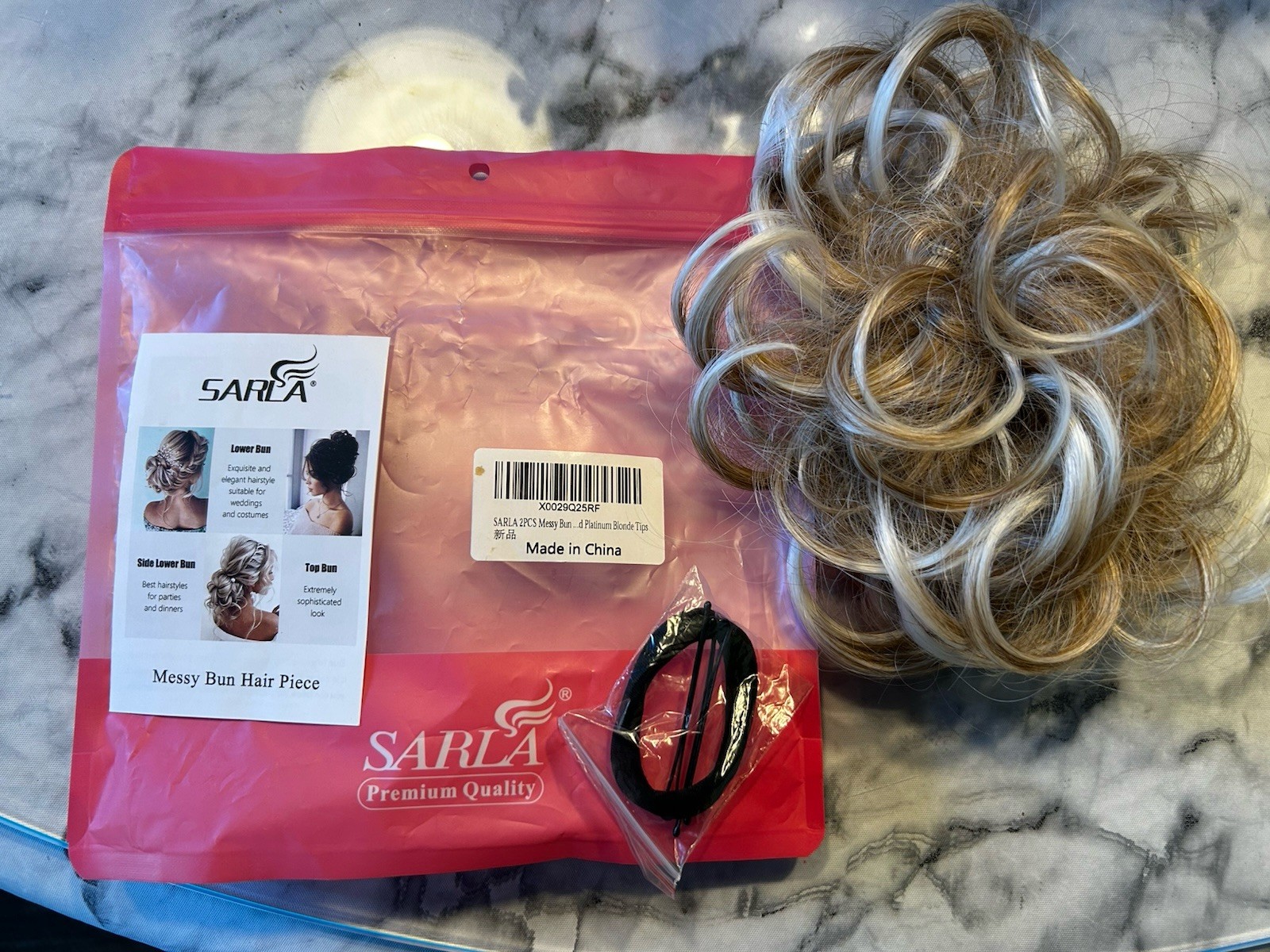 Sarla 1PC Messy Bun Hair Piece Wavy Curly Scrunchies Platinum Blonde Tips