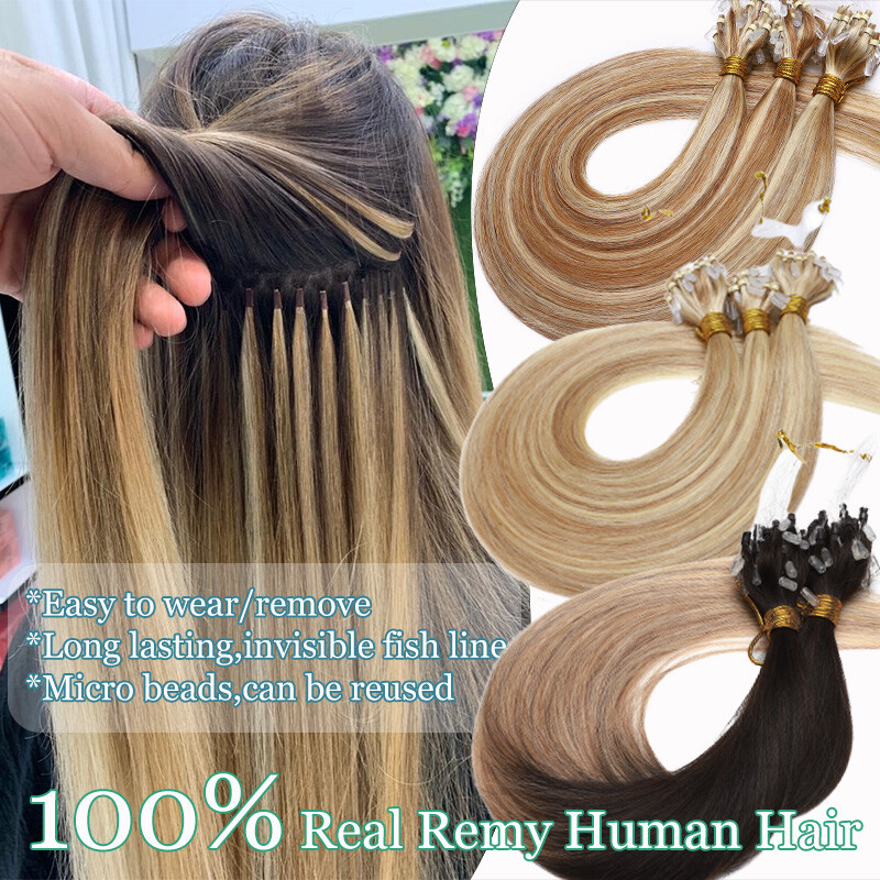 Micro Loop Beads 100% Human Hair Extensions Russian Remy NANO I Tip Rings 24″