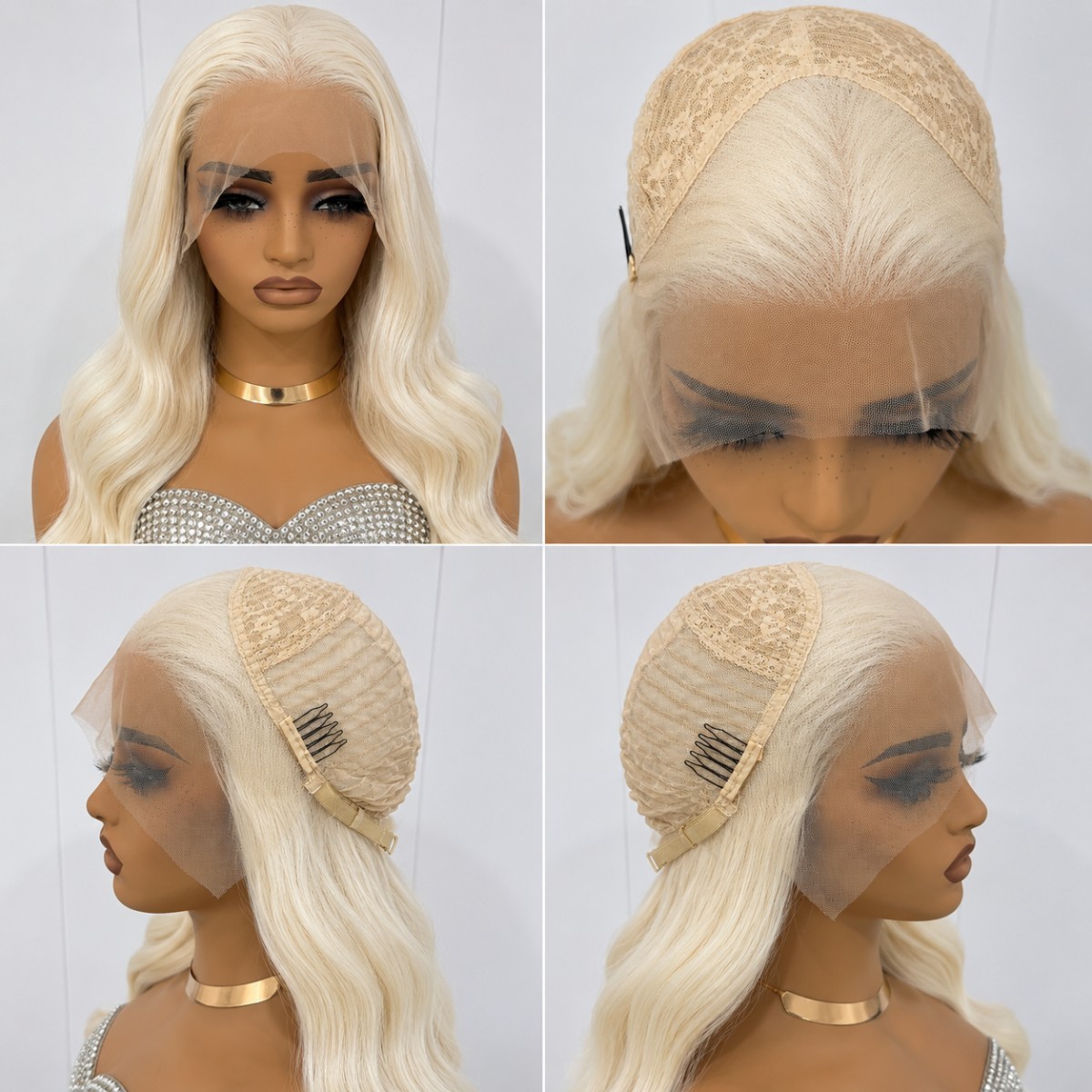 Heat Resistant Synthetic Hair Layered Long Wavy Bleach blonde Lace Frontal Wigs