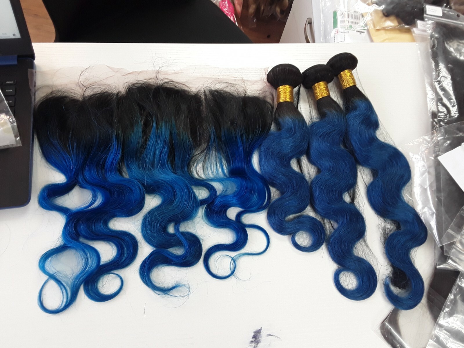 1B#/BLUE OMBRE BRAZILIAN VIRGIN HUMAN HAIR BODY WAVE BUNDLES 16+18+20&16 FRONTAL