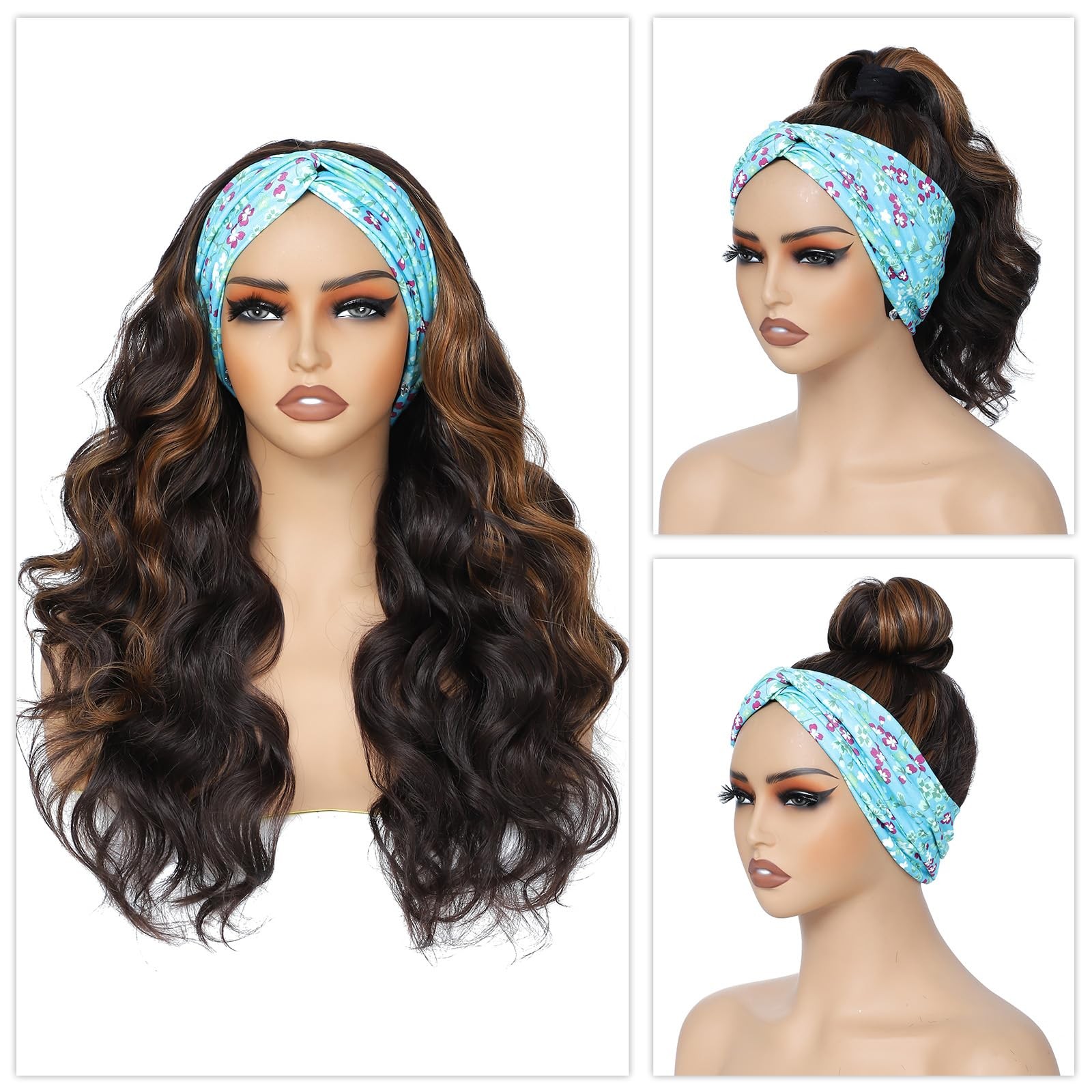 Long Wavy Headband Wig for Women Black Wigs with Brown Blonde Highlight 200% …