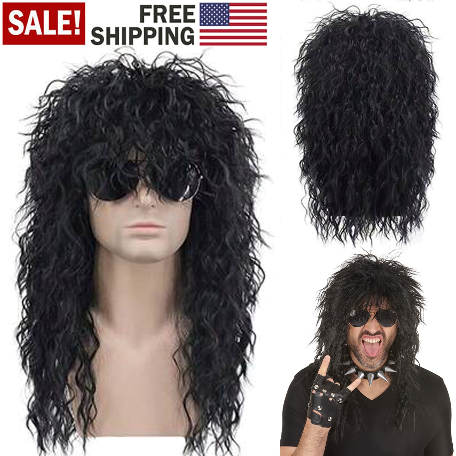 Men’s 80s Black Mullet Wigs Long Curly Black Rocker Metal Mullet Wig Party Gifts
