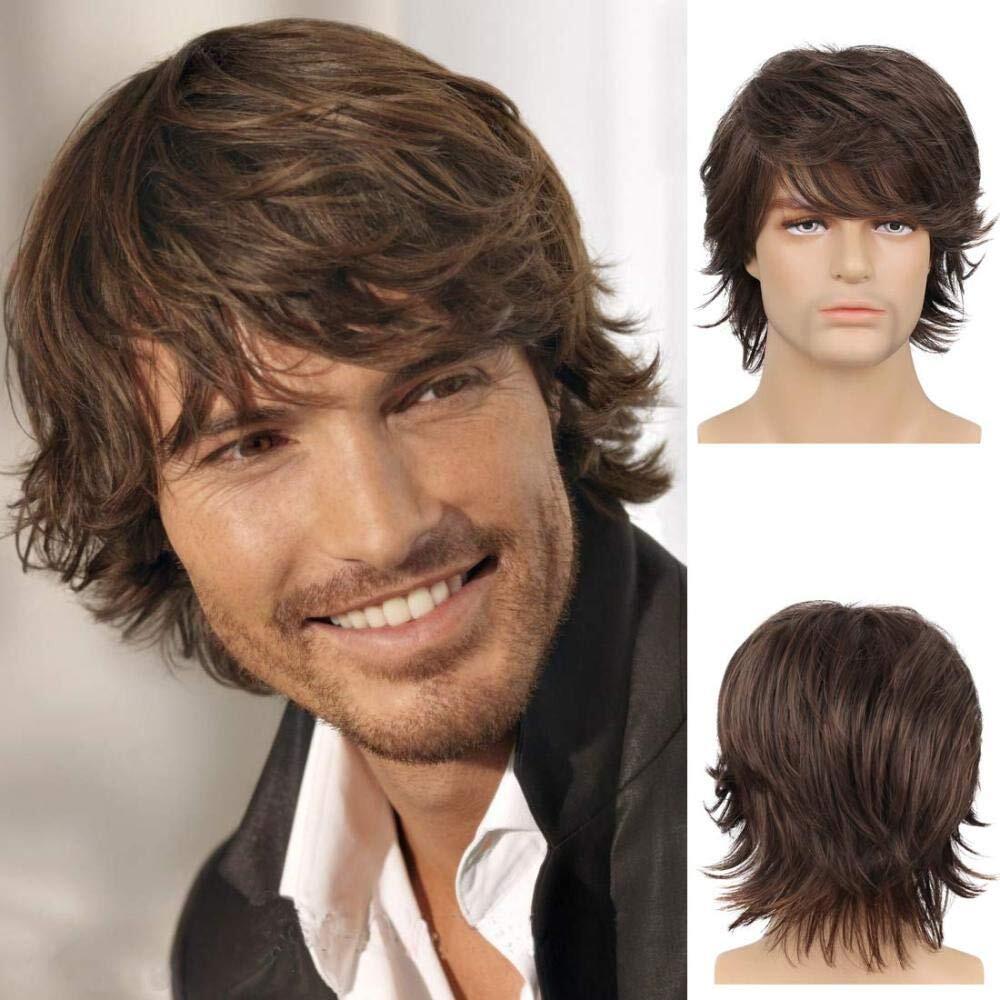 Men Short Brown Wig Natural Fluffy Synthetic Hair Wig Heat Resistant for Cosplay
