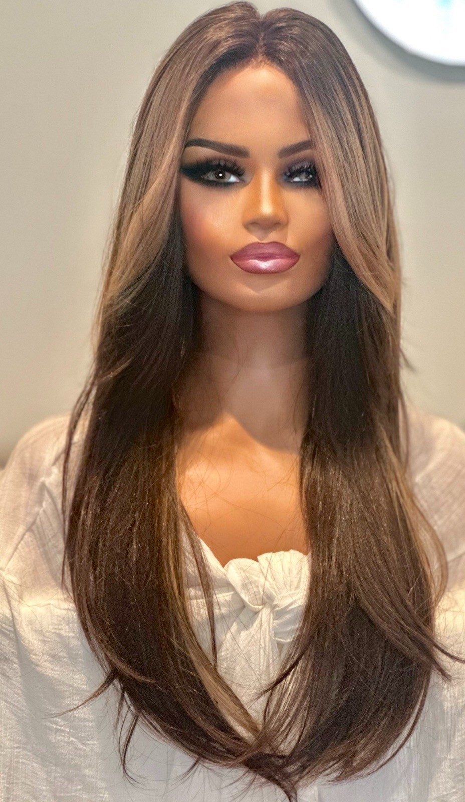 Choc Brown Highltd LF Layered Wig 13×6″ – HF Wig 26″, Butterfly Bangs