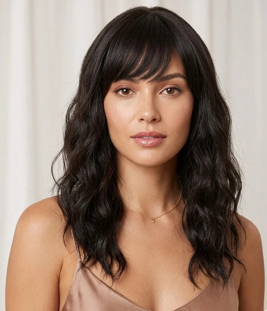 Real Human Hair New Fashion Long Natural Dark Brown Wavy Women’s Full Wigs 14 In