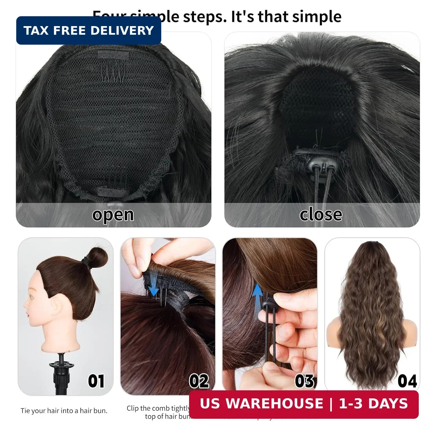 26 inch Black Ponytail Extension, Drawstring Ponytail for Women, Long Wavy Pony