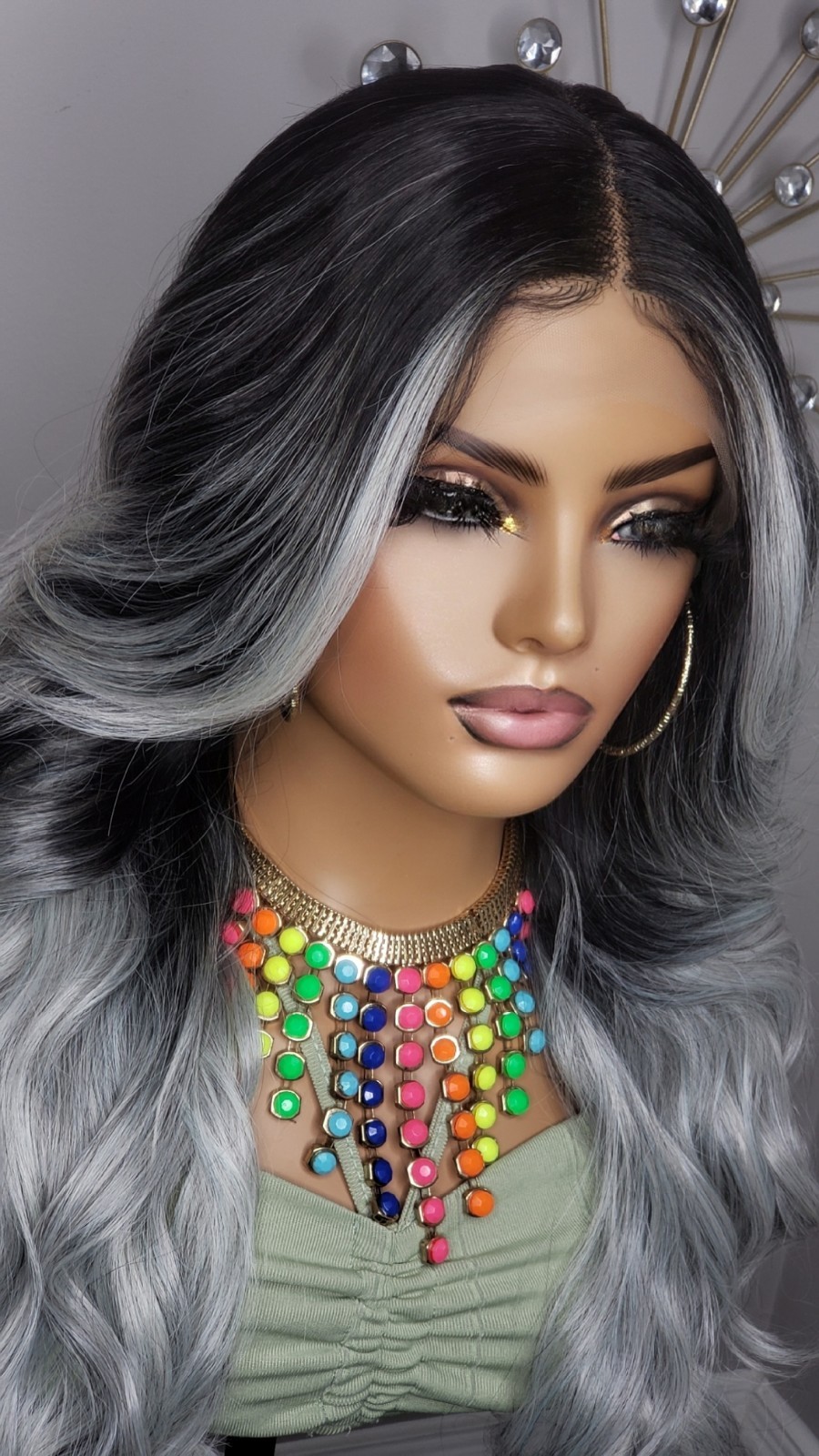 New Long Curly Money Piece Silver Gray Black Lace Front Wig Womens Wavy Style