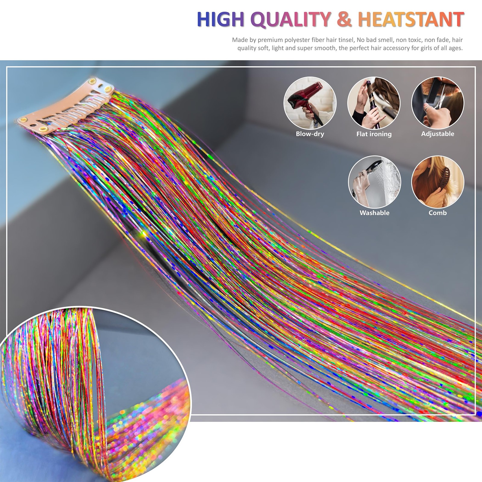 ONROCL Hair Tinsel Clip in Extensions 12Pcs 24 Inch Dreamy Colorful Glitter H…