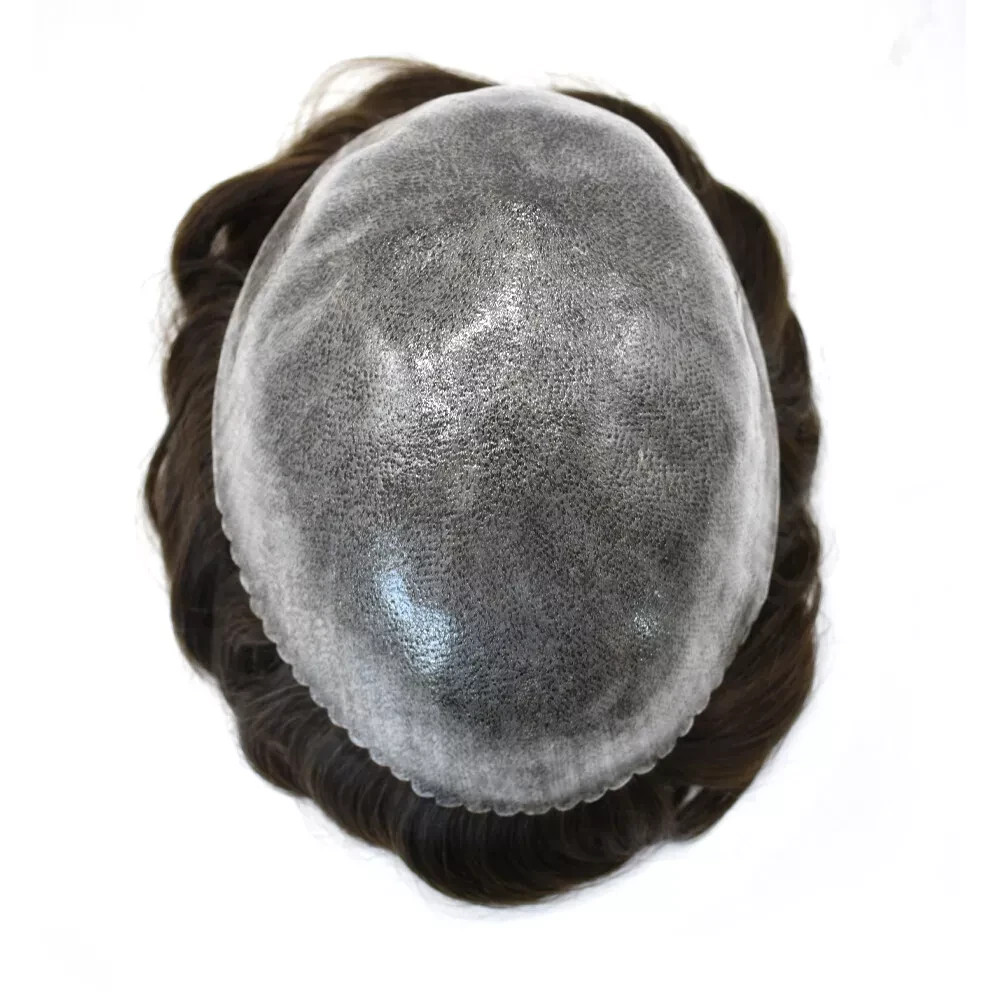 Mens Toupee Human Hair Systems Full Poly Thin Skin Hair Piece Replacement US