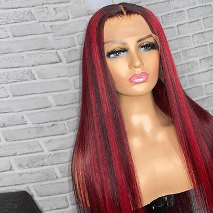 Black Wigs With Red Highlights Streak 100% Human Hair Lace Front Wigs 13×4