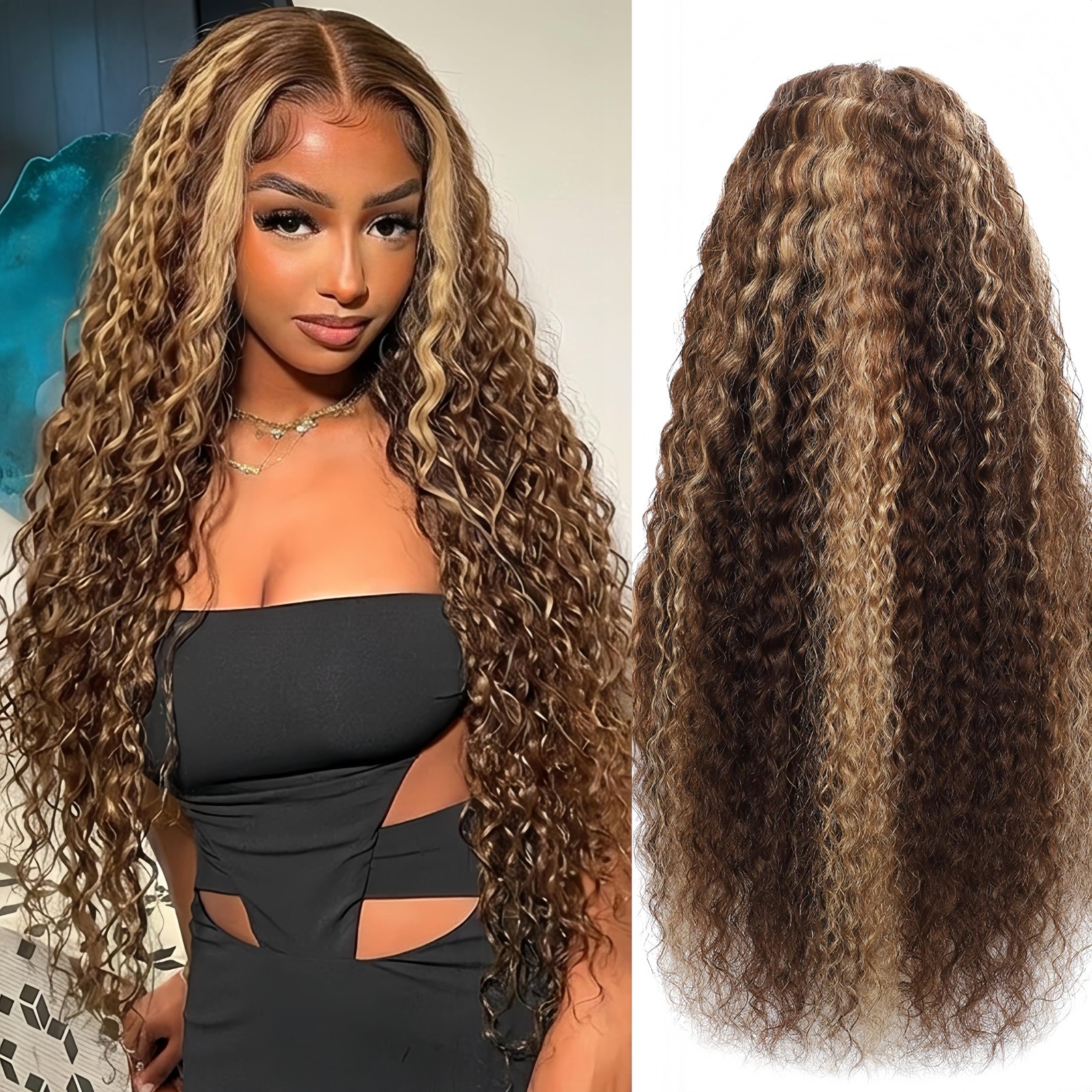 13×6 Honey Blonde Deep Wave Lace Front Wig 220 Density Curly Human Hair 28″ No S
