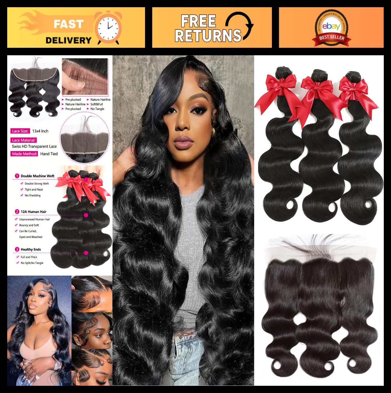 12A Brazilian Body Wave Human Hair Bundles & 13×4 HD Lace Frontal Closure – 3 Pa