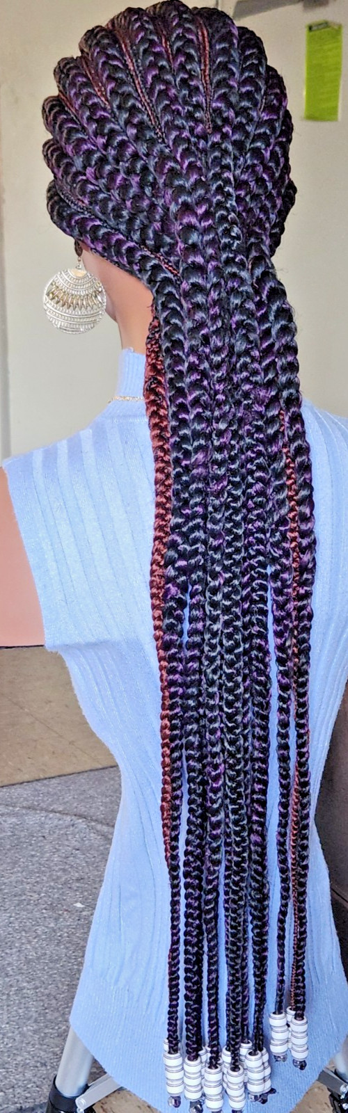Fully hand braided Ghana banana cornrows wig Paka 1B mix dark purple/dark drown