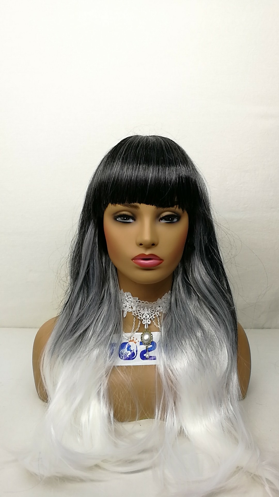 Long Ombre Black to White Wig With Bangs Straight Synthetic Wigs Heat Soft Fiber