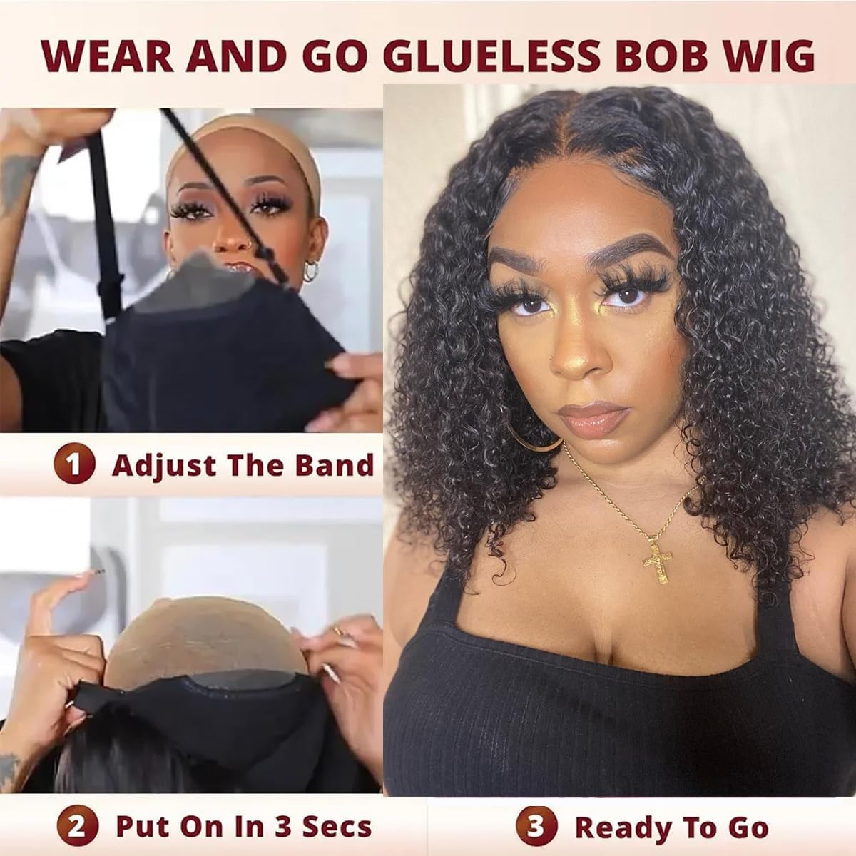 Wear and Go Glueless Wigs Human Hair Pre Plucked Pre Cut 4X4 Curly Bob Wigs