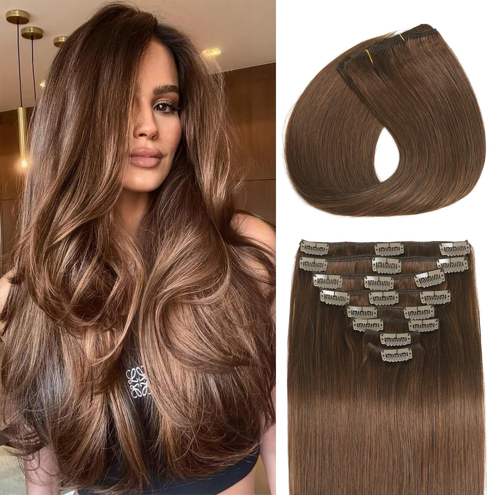 Seamless Clip-in Hair Extensions, Real Human Hair, 24″ Chocolate Brown, 120g, 8P