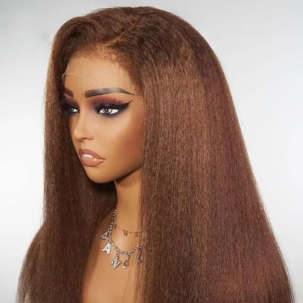 Kinky Straight Brown Hair Blonde Highlights Lace Front Wigs Glueless Natural Wig