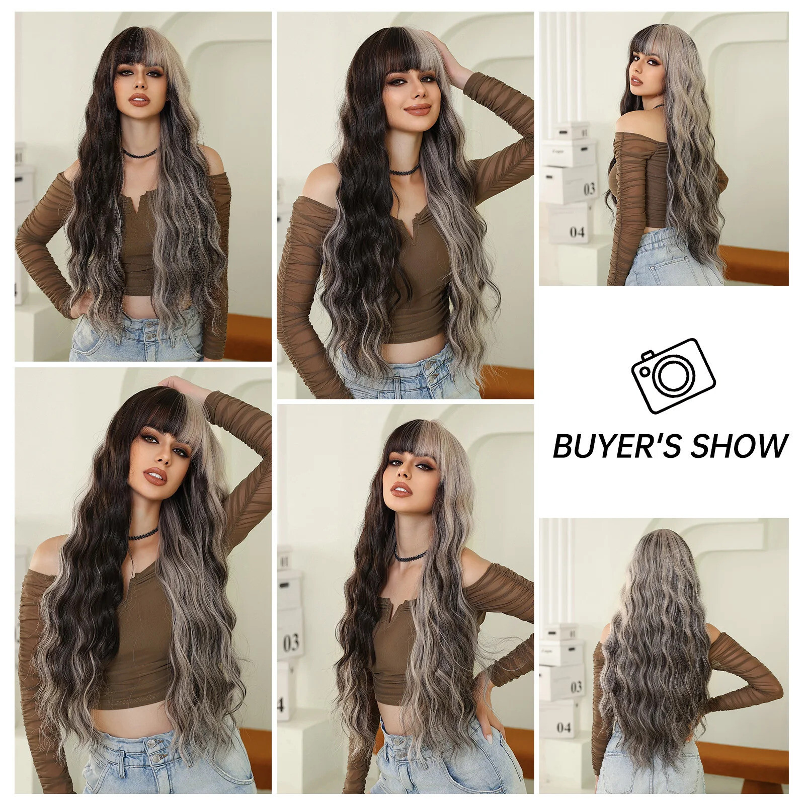Black Brown Gray Long Curly Synthetic Water Wave Hair Wigs with Bangs for Women
