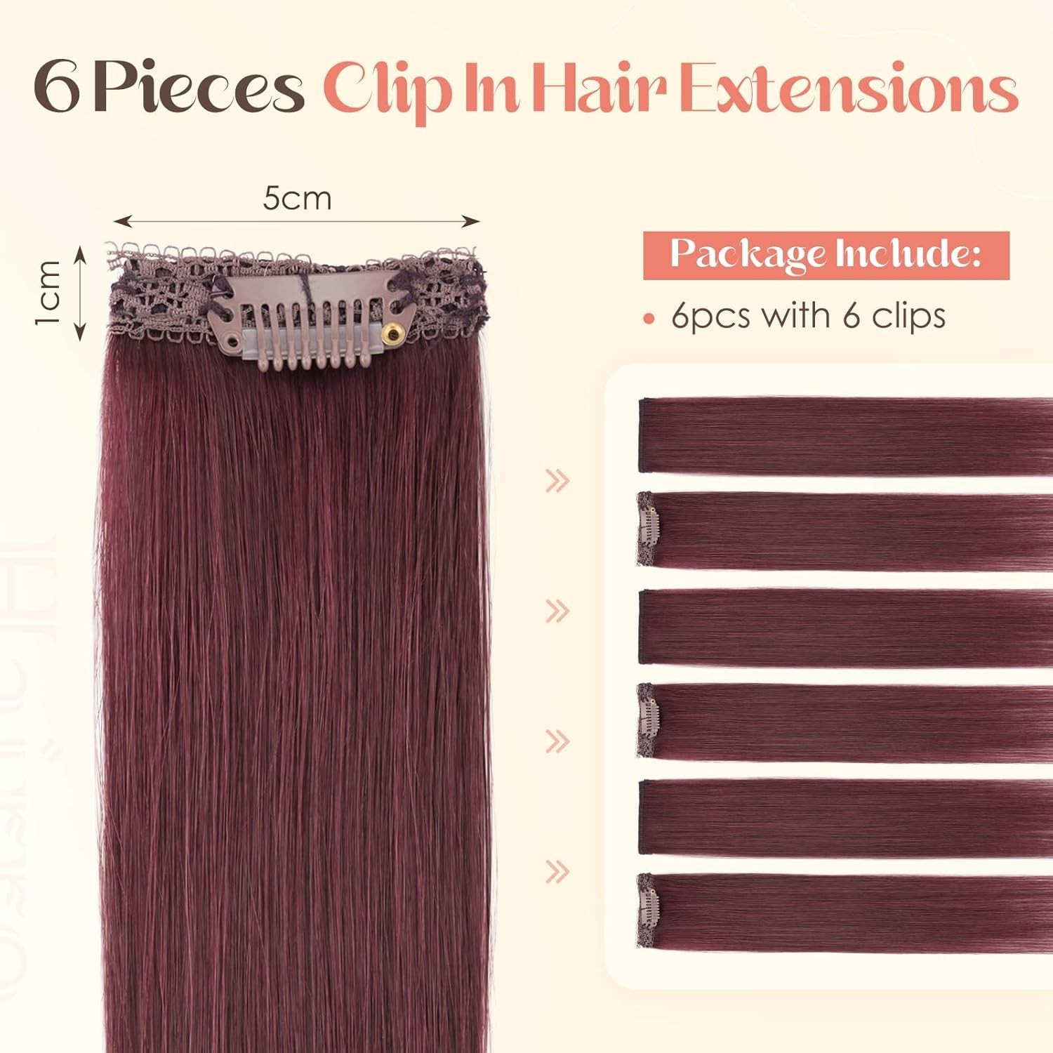 Hairro 6PCS Clip In Human Hair Extensions Short Burgundy Color Clip Ins Remy Rea