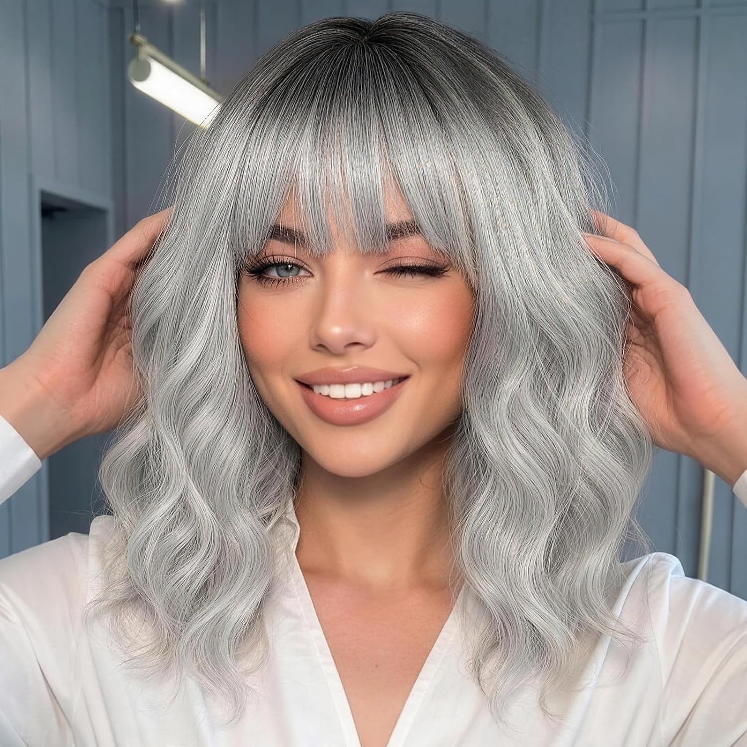Ombre Silver Gray Bob Wig with Bangs for White Women Short Wavy Curly Charming W