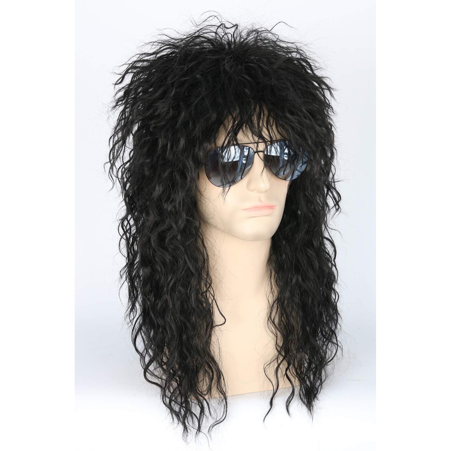 Men’s 80s Black Mullet Wigs Long Curly Black Rocker Metal Mullet Wig Party Gifts