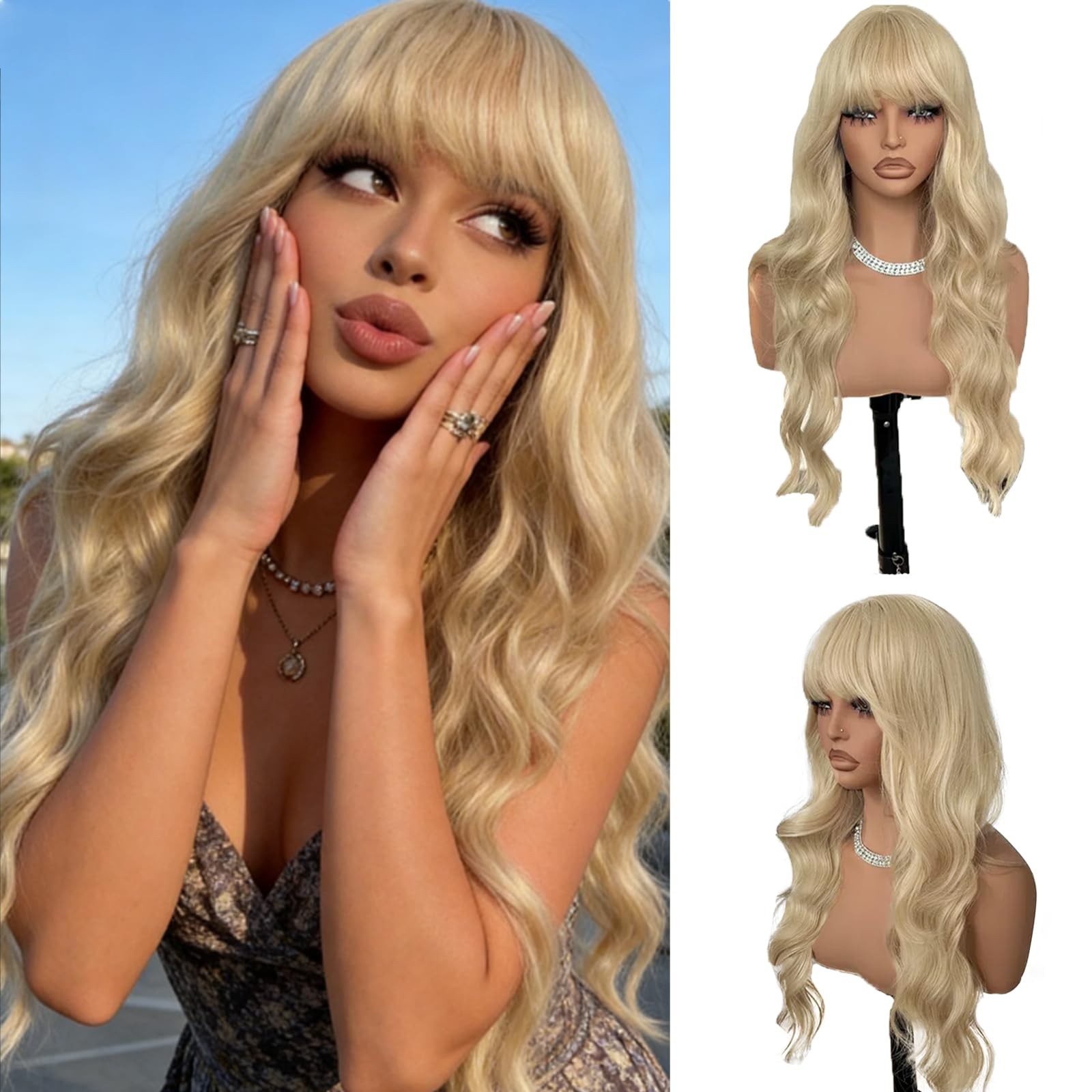 Blonde Wig with Bangs Long Wigs for Women Wavy Wig Curly 26 Inches Long Blond…