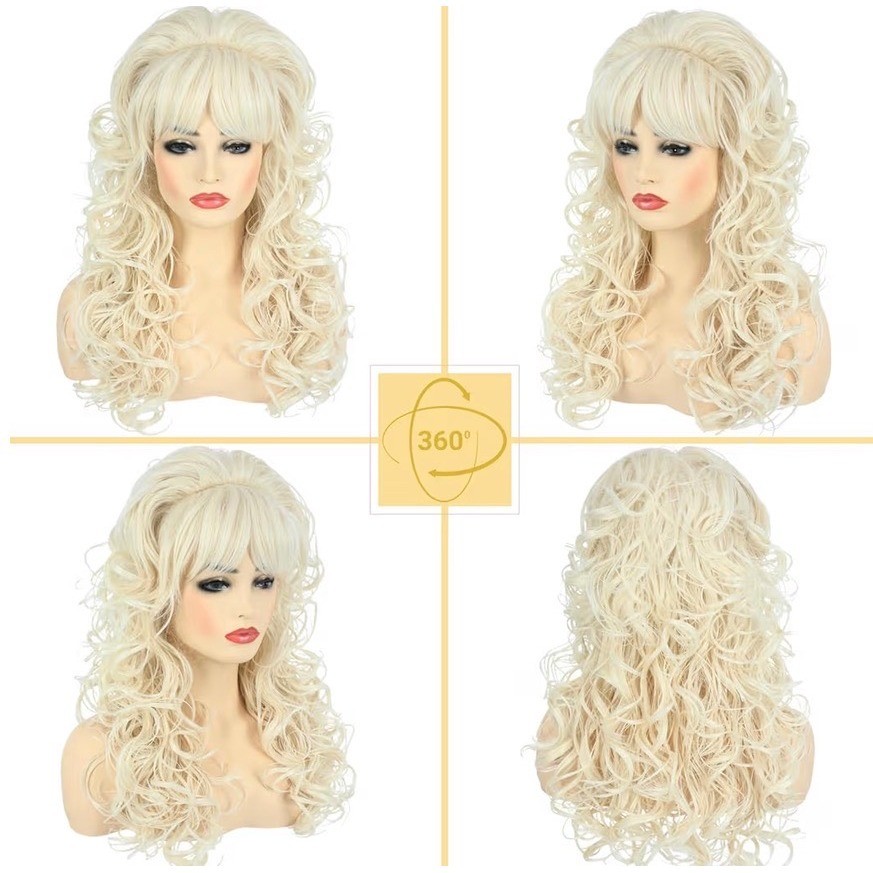 NWT Blonde 80s Bouffant Wig Long Curly Wavy Bangs Disco Drag Halloween