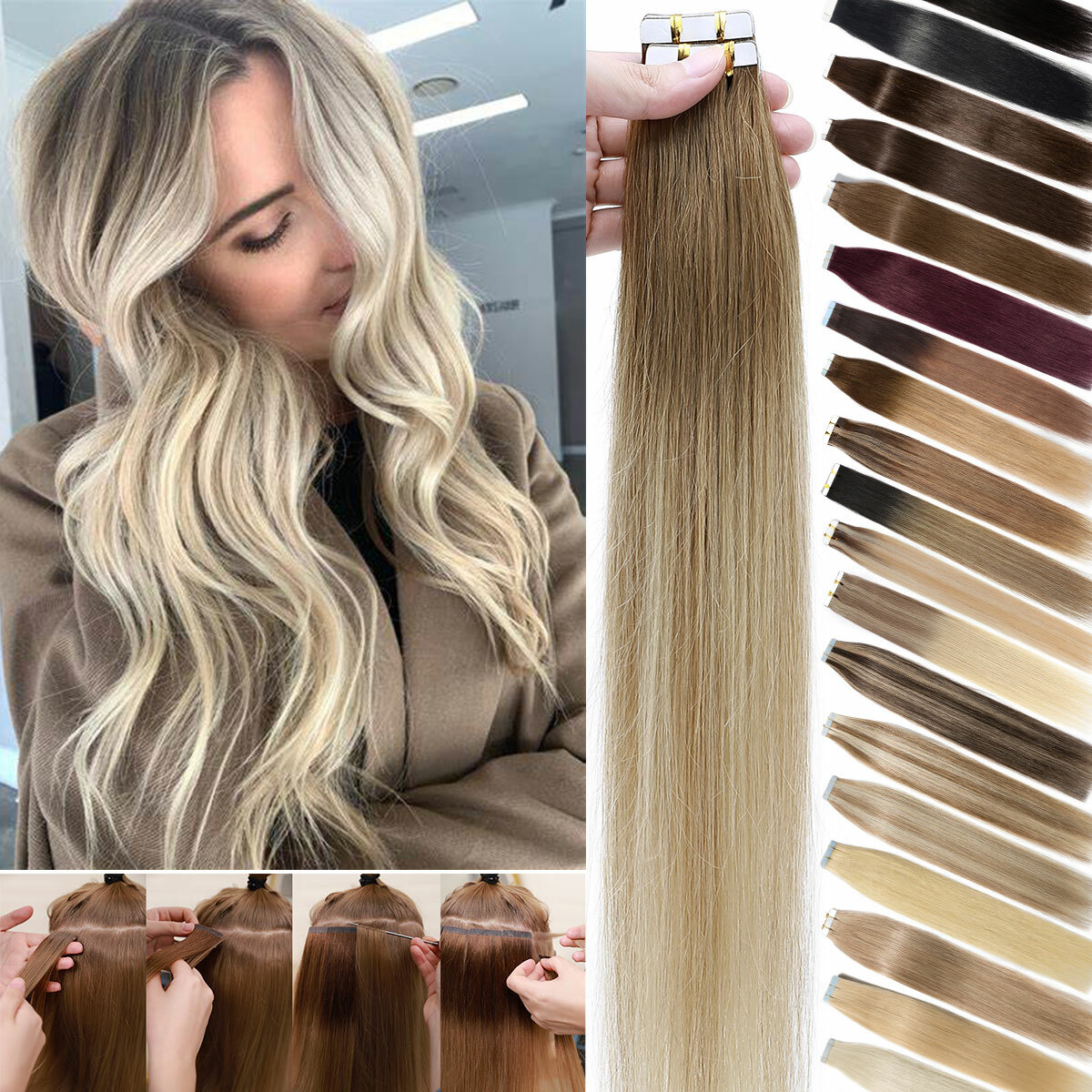 Thick 200G 80pcs Tape In Remy Human Hair Extensions Invisible Glue Skin Weft US