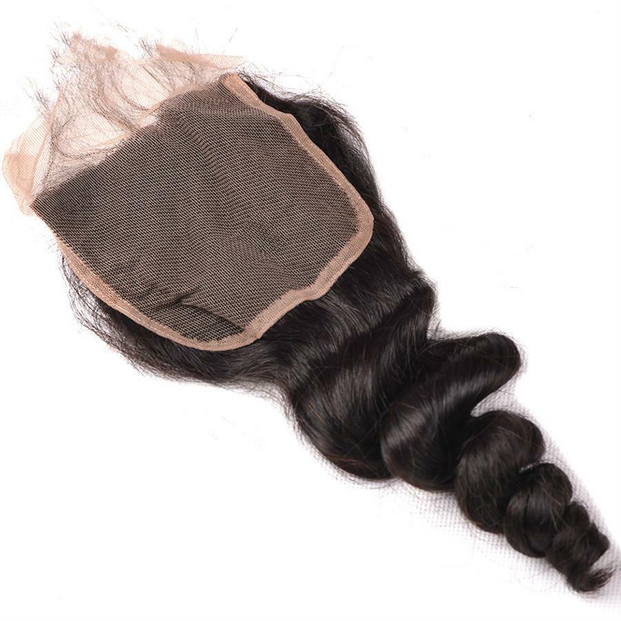 Ustar Natural Black Virgin Bouncy Loose Wave 3 Bundles with 4 by 4 Lace Closure