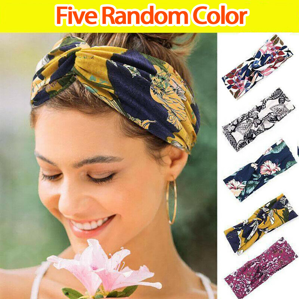 5-Pack Floral Turban Headbands for Women Elastic Twisted Hair Bands Wide Set