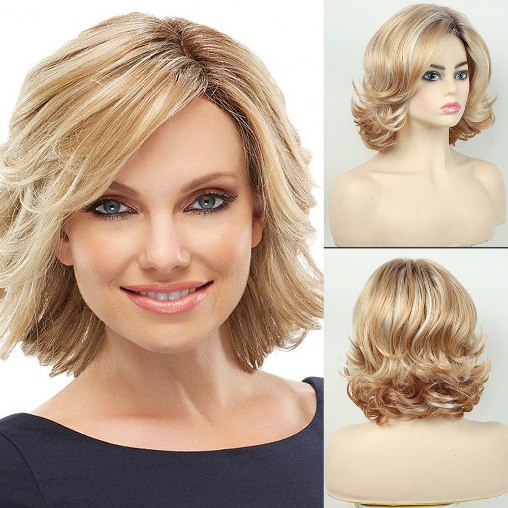 Short Fluffy Wavy Blonde Mix Synthetic Hair Wigs Women Soft Natural Daily wigs