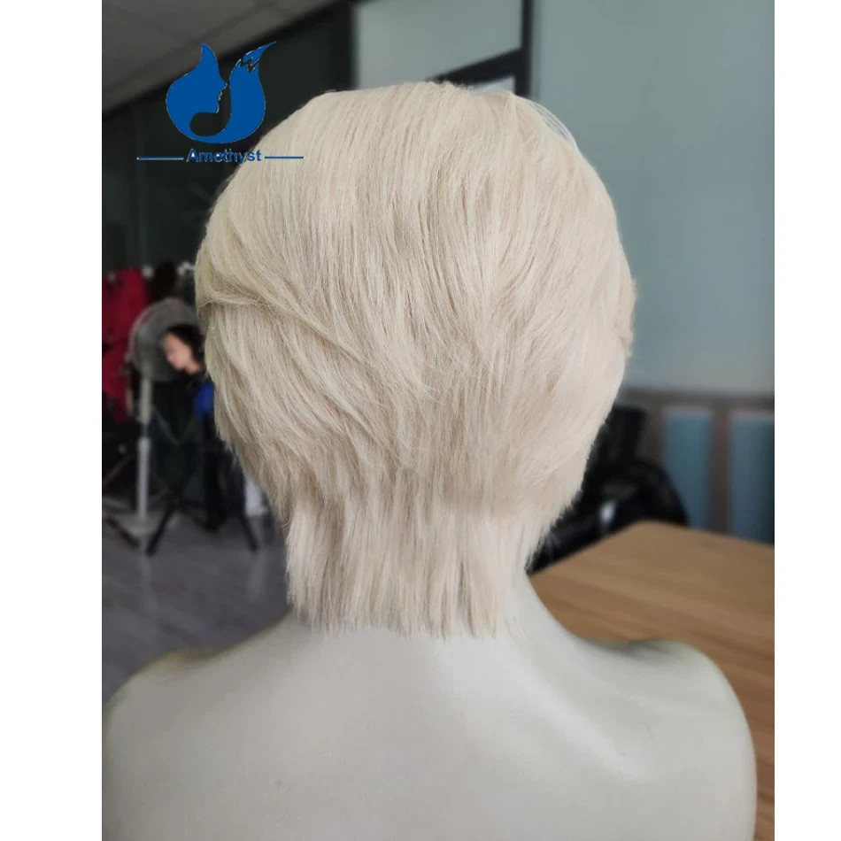 Men’s White Platinum Wolf Cut Short Bob 13×4 Lace Front Wig Human Hair Layered