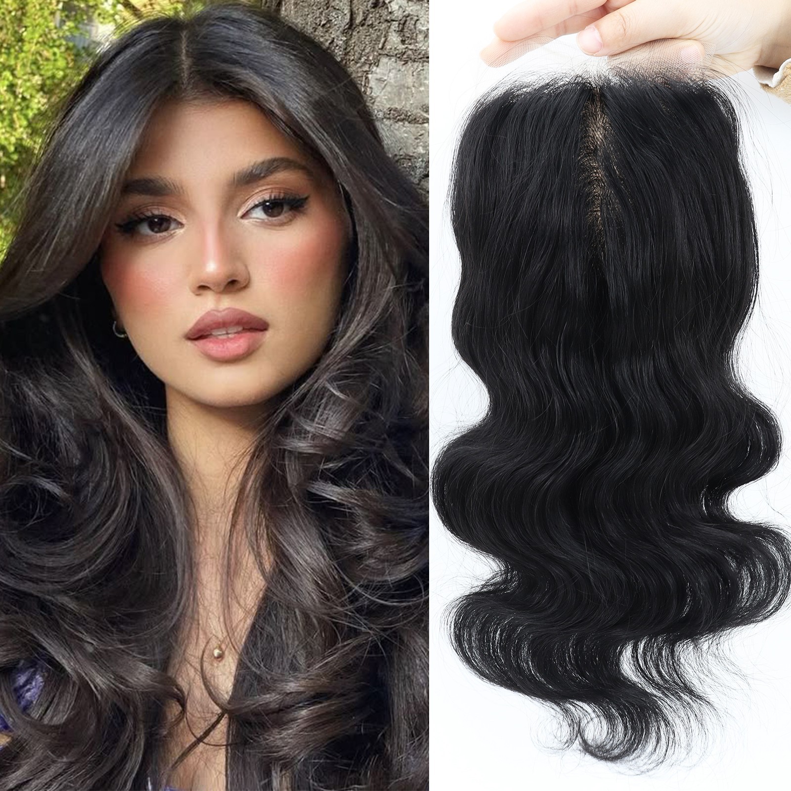 12x13cm Real Human Hair Silk Base Topper Lace Front Black Wave add hair volume