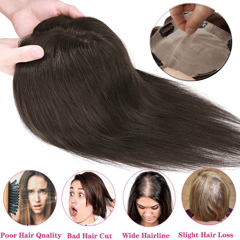 15X15CM Brazilian Women Human Hair Topper Top Front Wigs Hairpiece Silk Base US