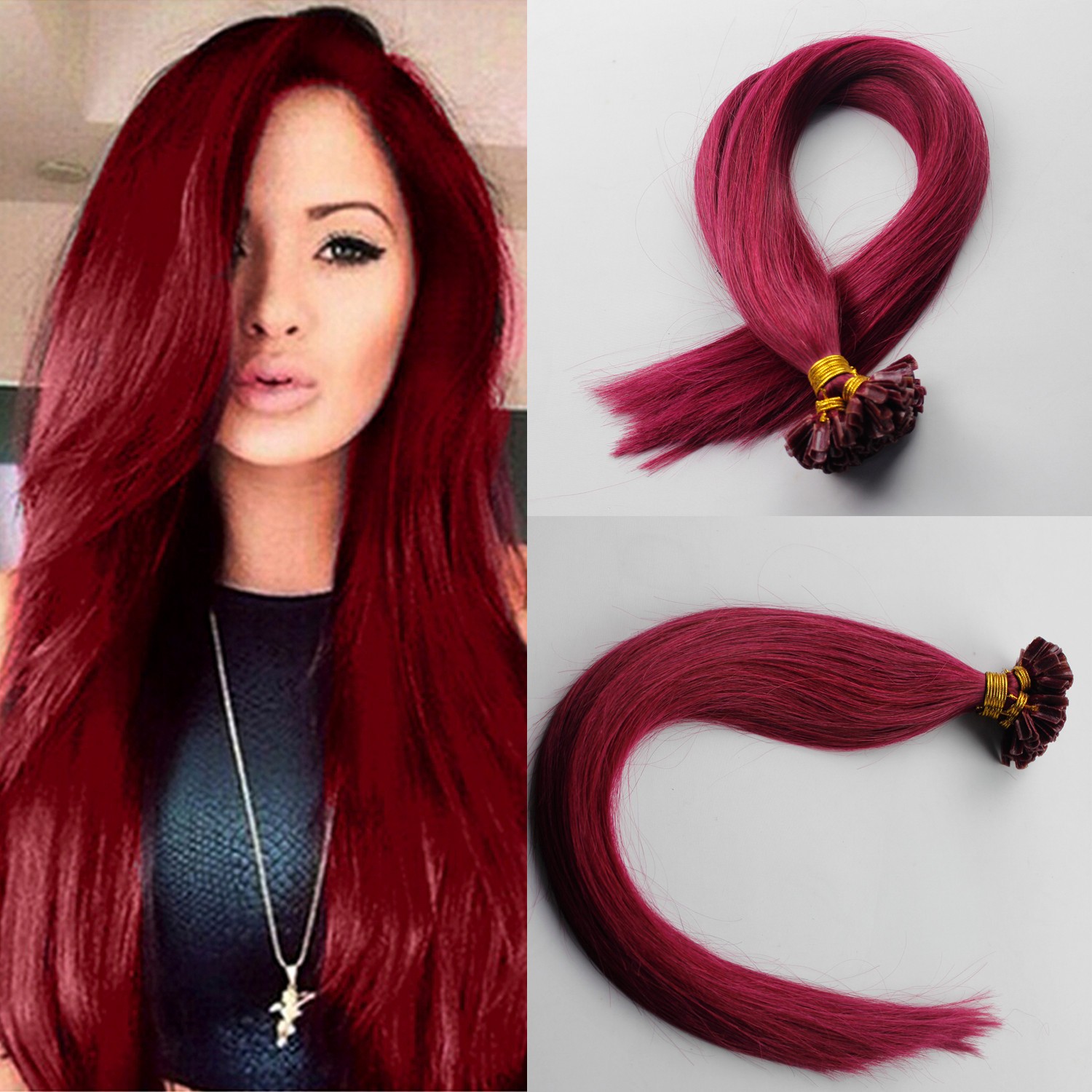 Pre Bonded Keratin Fusion U Tip Real Human Hair Extensions Burgundy 16inch 100g