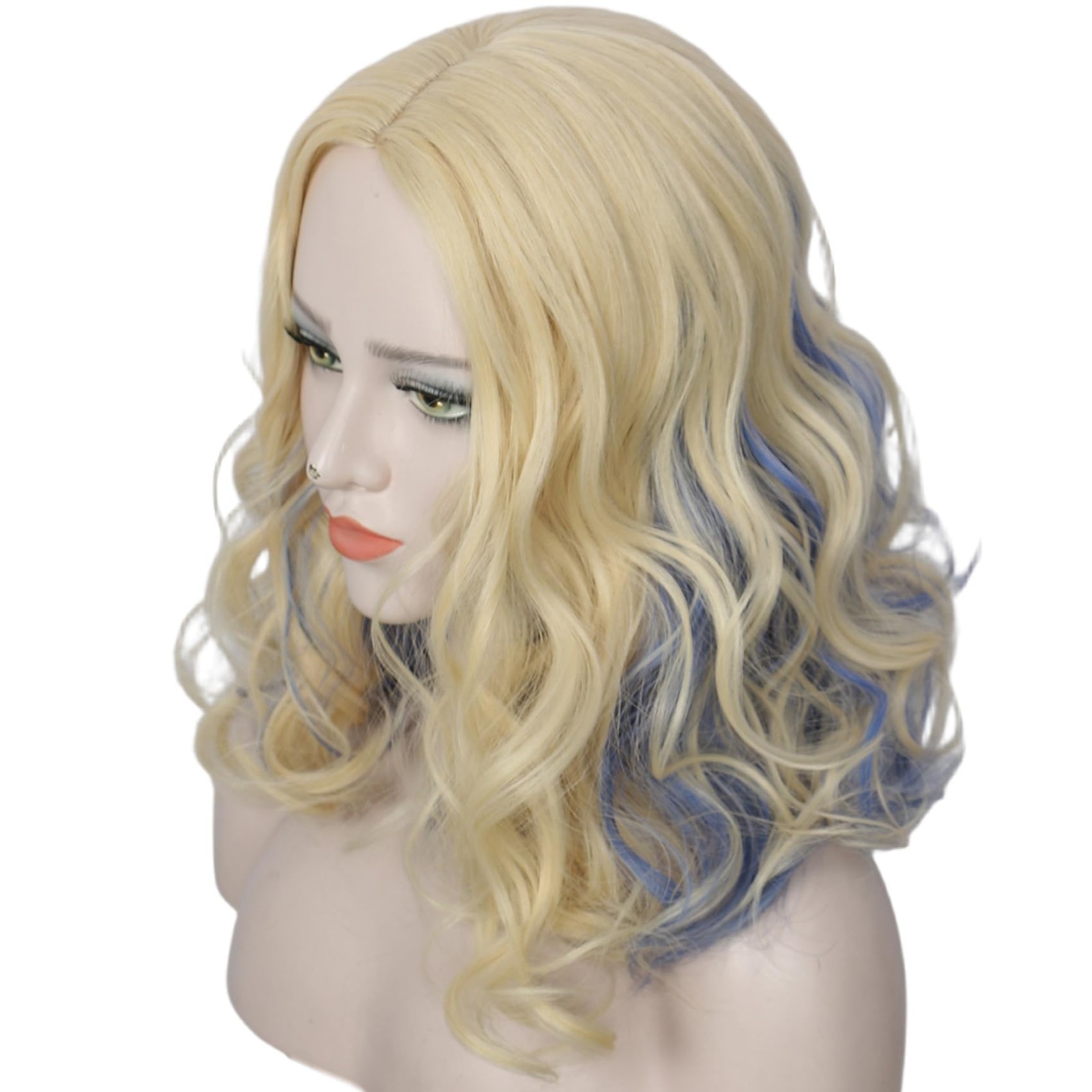 Long Blonde with Blue Curly Wig Costume Halloween Party Wigs Adult