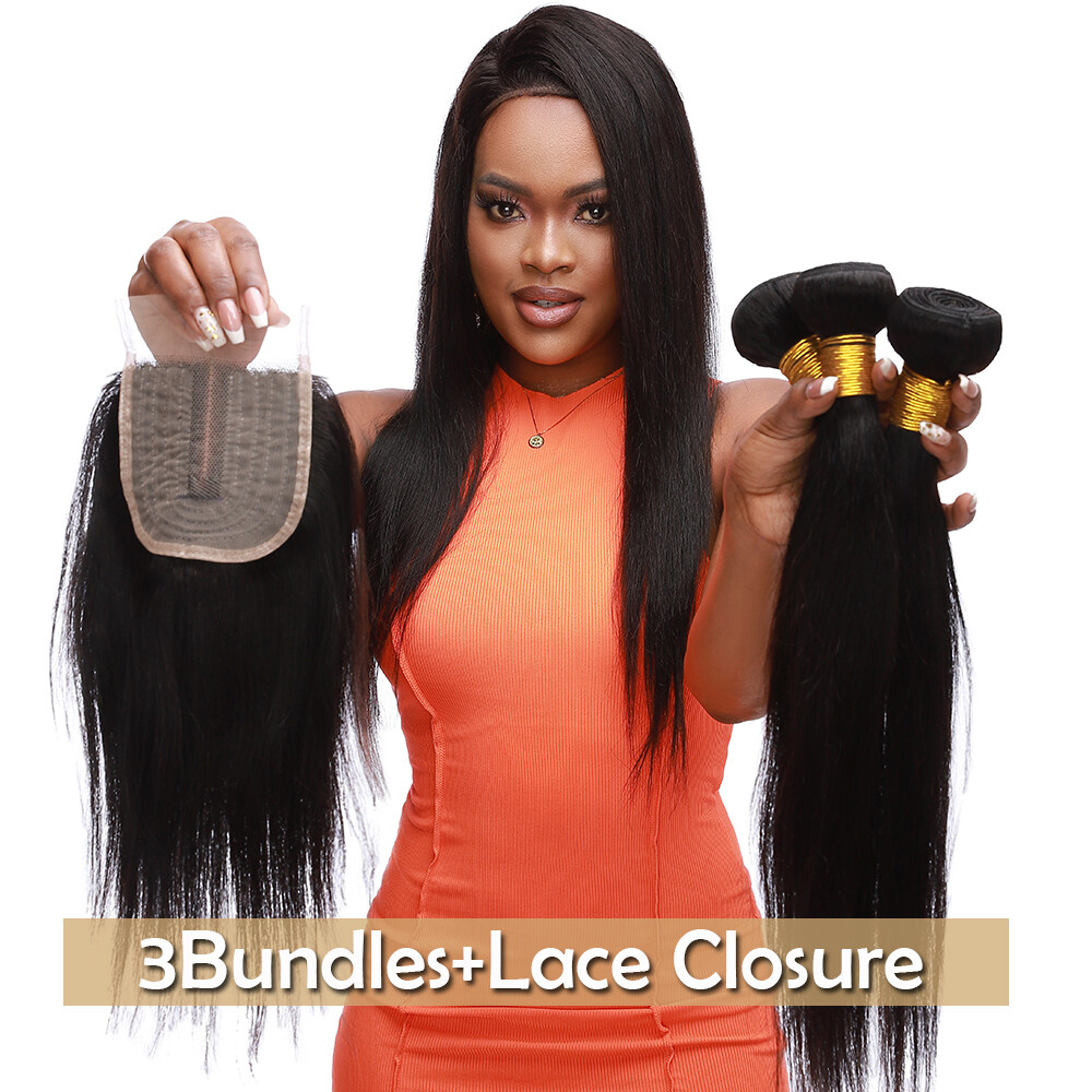 Brazilian Straight 3Bundles with 4*4 T Lace Closure Human Hair Virgin Weave Weft