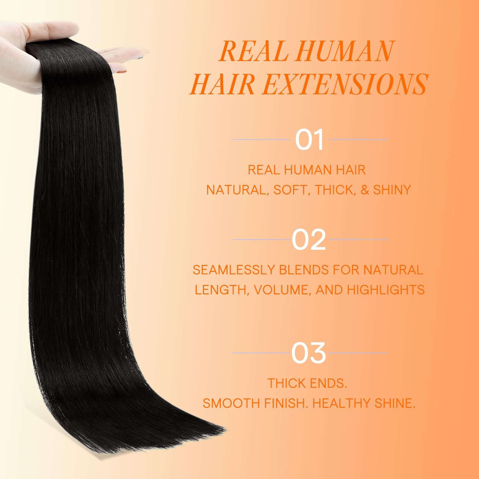 Full Shine Injected Tape In Hair Extensions 1B Natural Black Human Hair