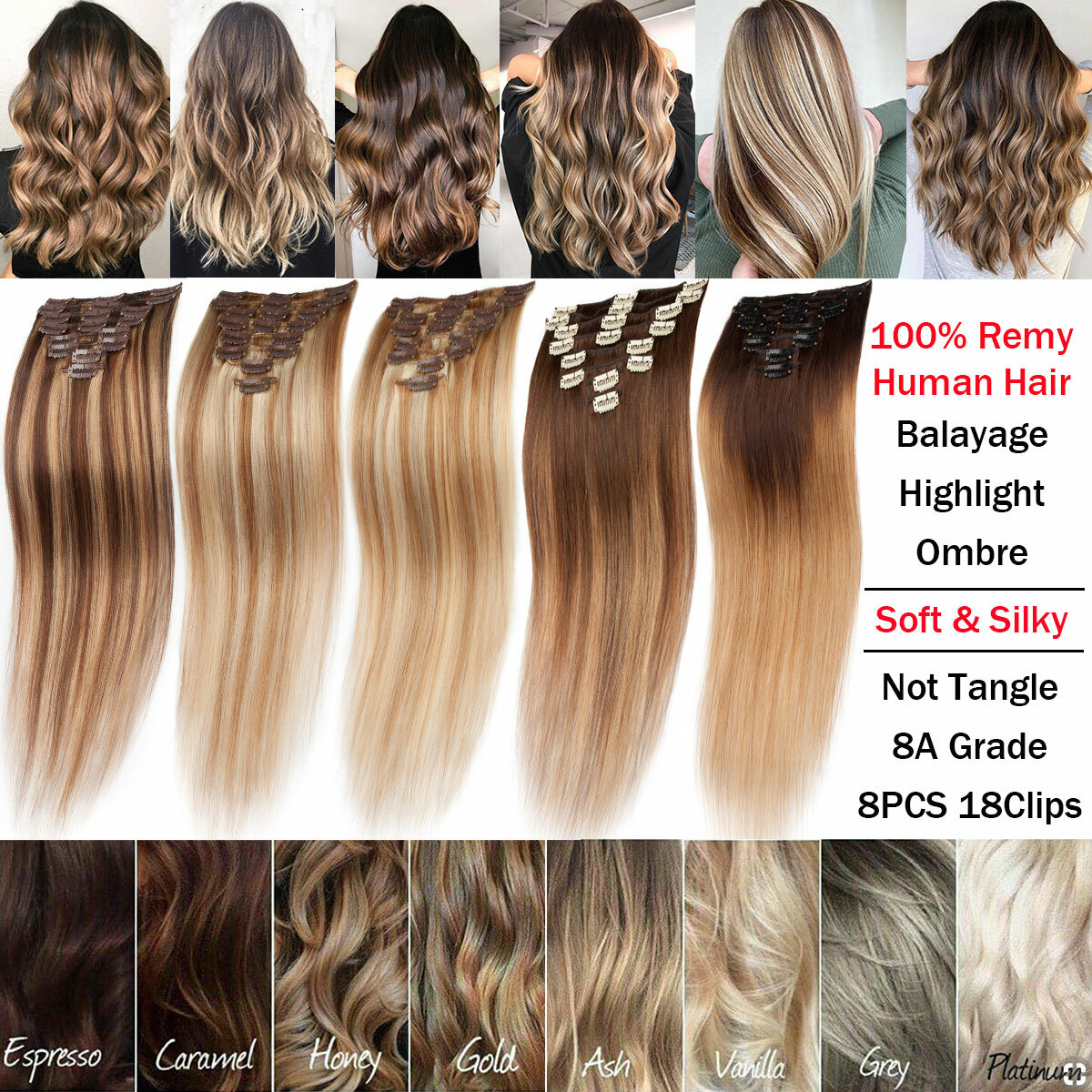 CLEARANCE Clip In 100% Real Human Remy Hair Extensions Full Head Weft Highlight
