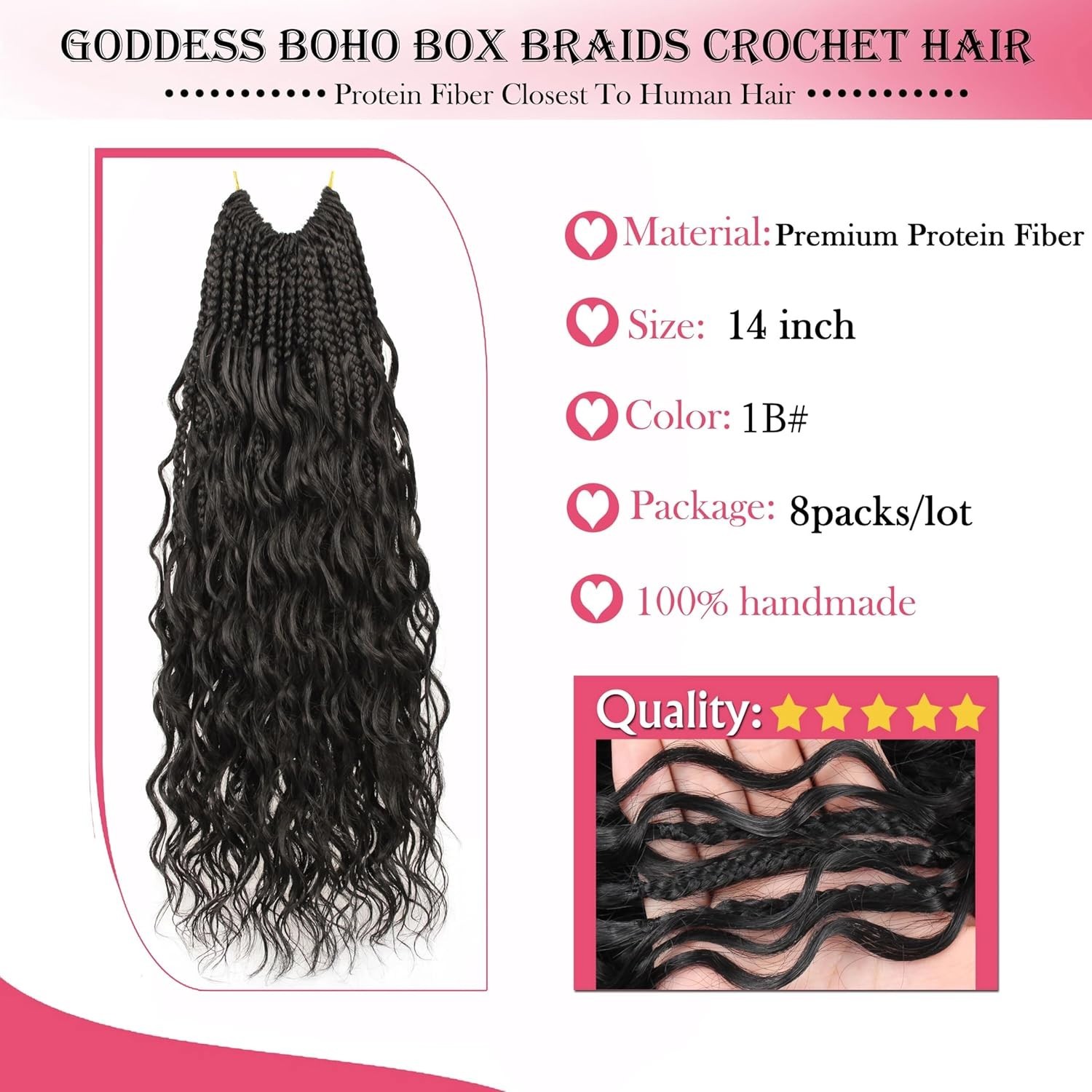 Goddess Box Braids Pure Protein Fiber 14 Inch 8 Packs Boho Crochet Braids