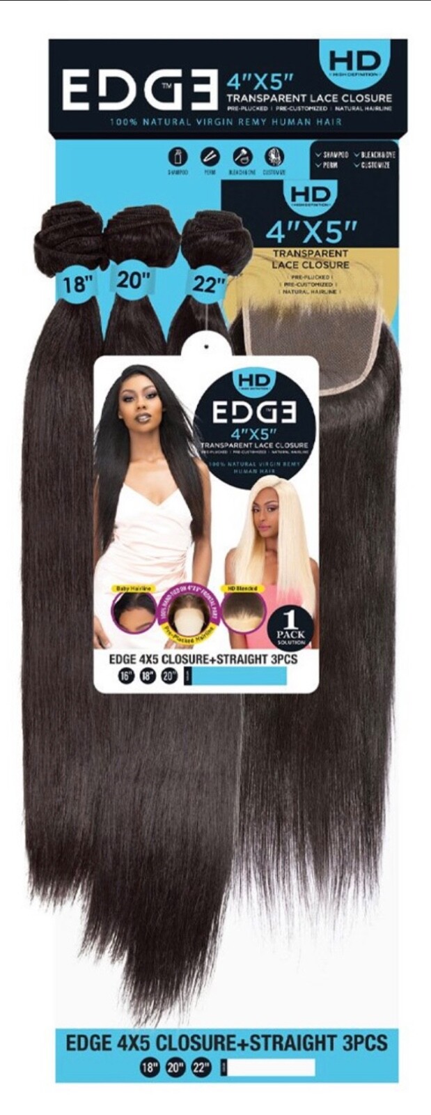 100% HUMAN HAIR Edge 4 X 5 Transparent Lace Closure With 3 Bundles