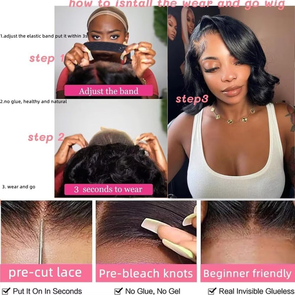 Wear and Go Glueless Wig Body Wave Bob Wig Human Hair Pre Cut 4×4 Lace Front wig