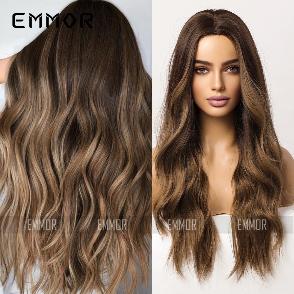 Middle Part Ombre Brown Balayage Long Curly Heat Resistant Synthetic Full Head