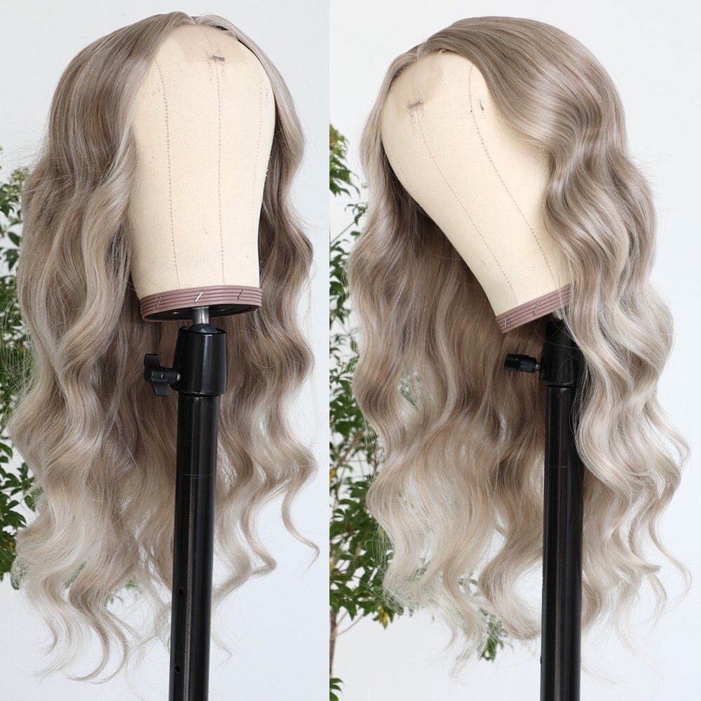 Long Wavy Synthetic Wig Mixed Brown Blonde Color Hair Highlight Lace Front Wigs