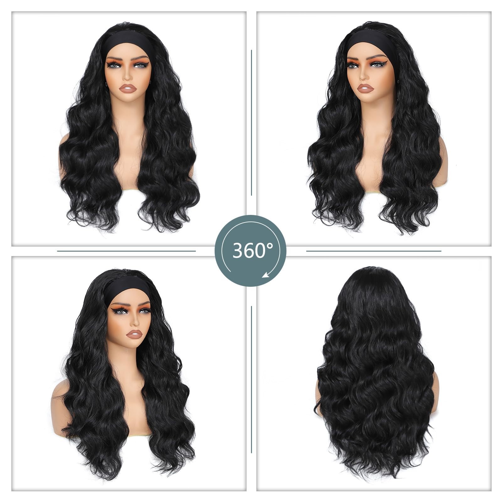 Black HeadBand Wigs for Women Long Wavy Headband Wigs 24inch