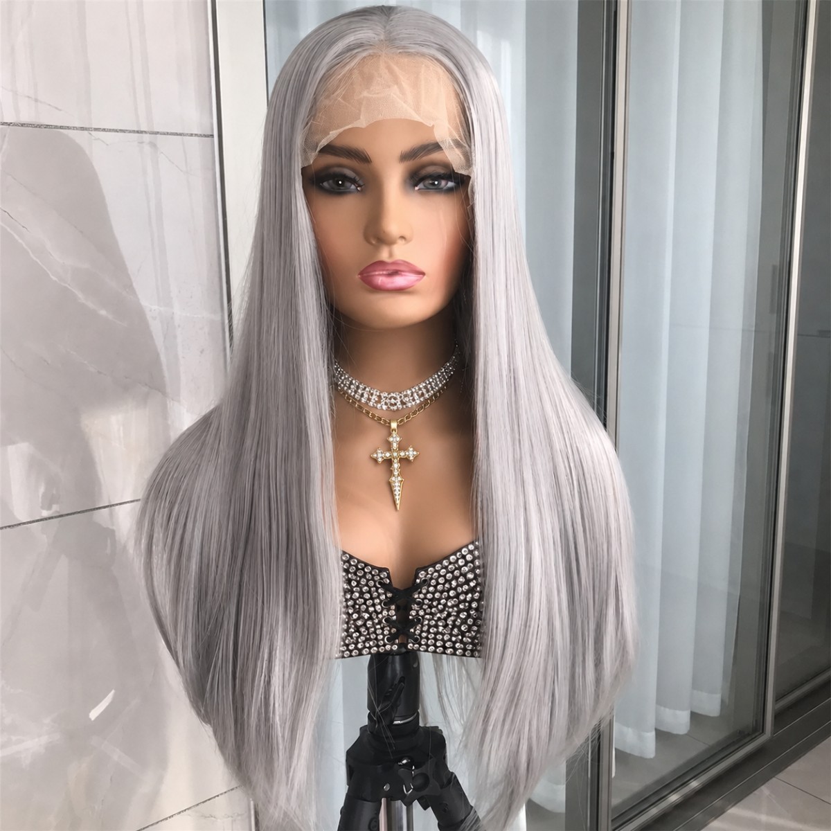 Silver gray Soft Heat Resistant Synthetic Hair Frontal Lace Wigs Long Straight