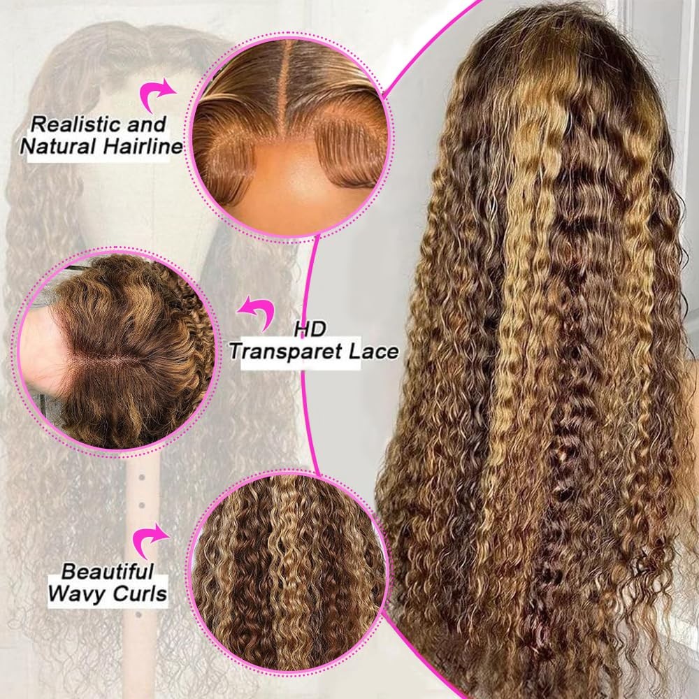 30inch Highlight Ombre Lace Front Wig Human Hair 13×6 HD Honey Blonde 4/27 De…