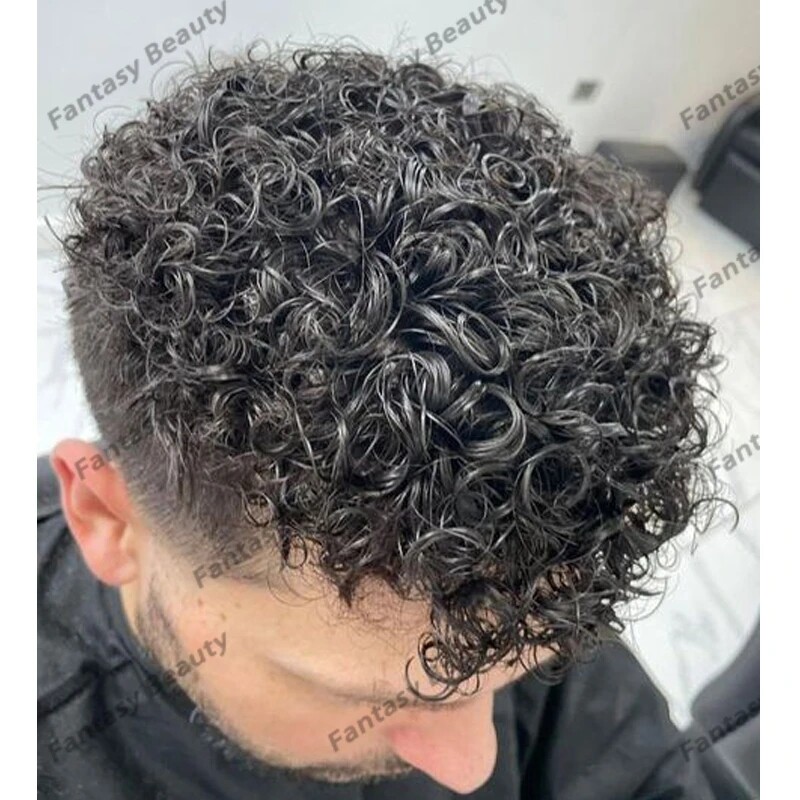 Super Durable Full Thin Skin PU Injection Men Toupee 100% Human Hair Curly Wigs