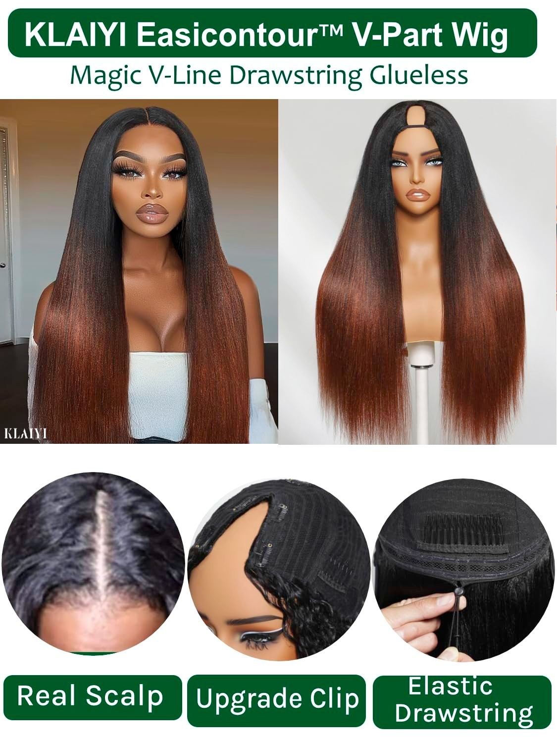 Yaki Straight V Part Wig Human Hair Ombre Reddish Brown, 20″ Clip-In Half Wig, N