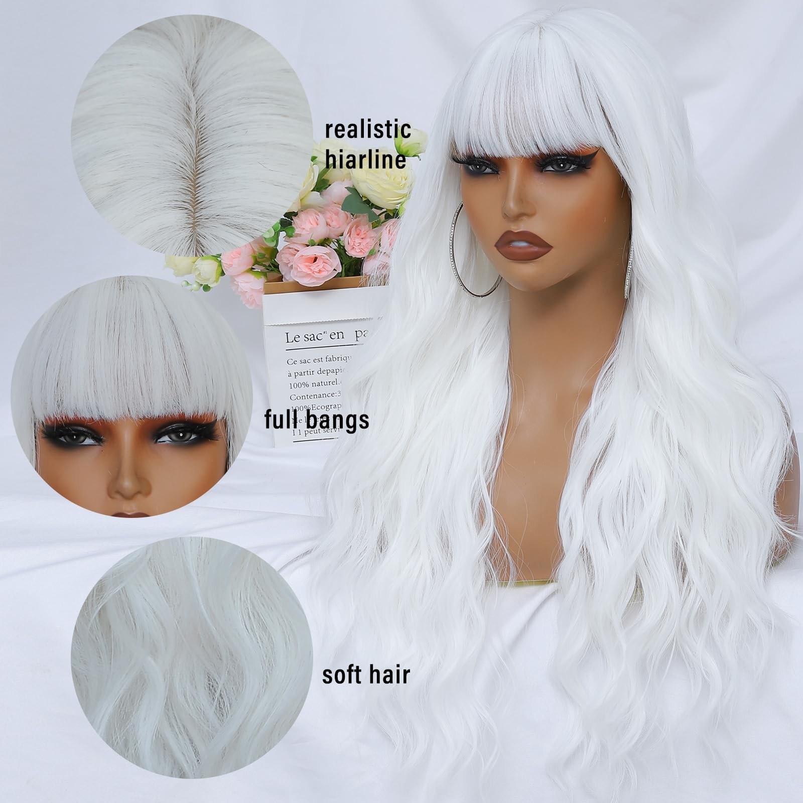 White Wig with Bangs for Women 26 Inch Long Wavy White Wigs Synthetic Heat Re…